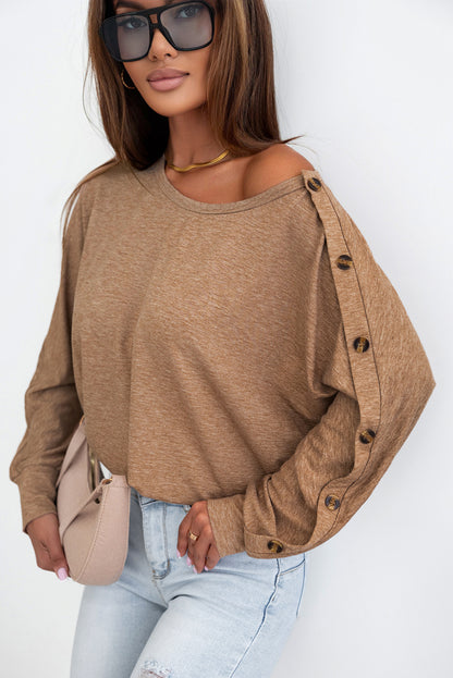 Khaki Solid Color Button Decor Dolman Sleeve Top