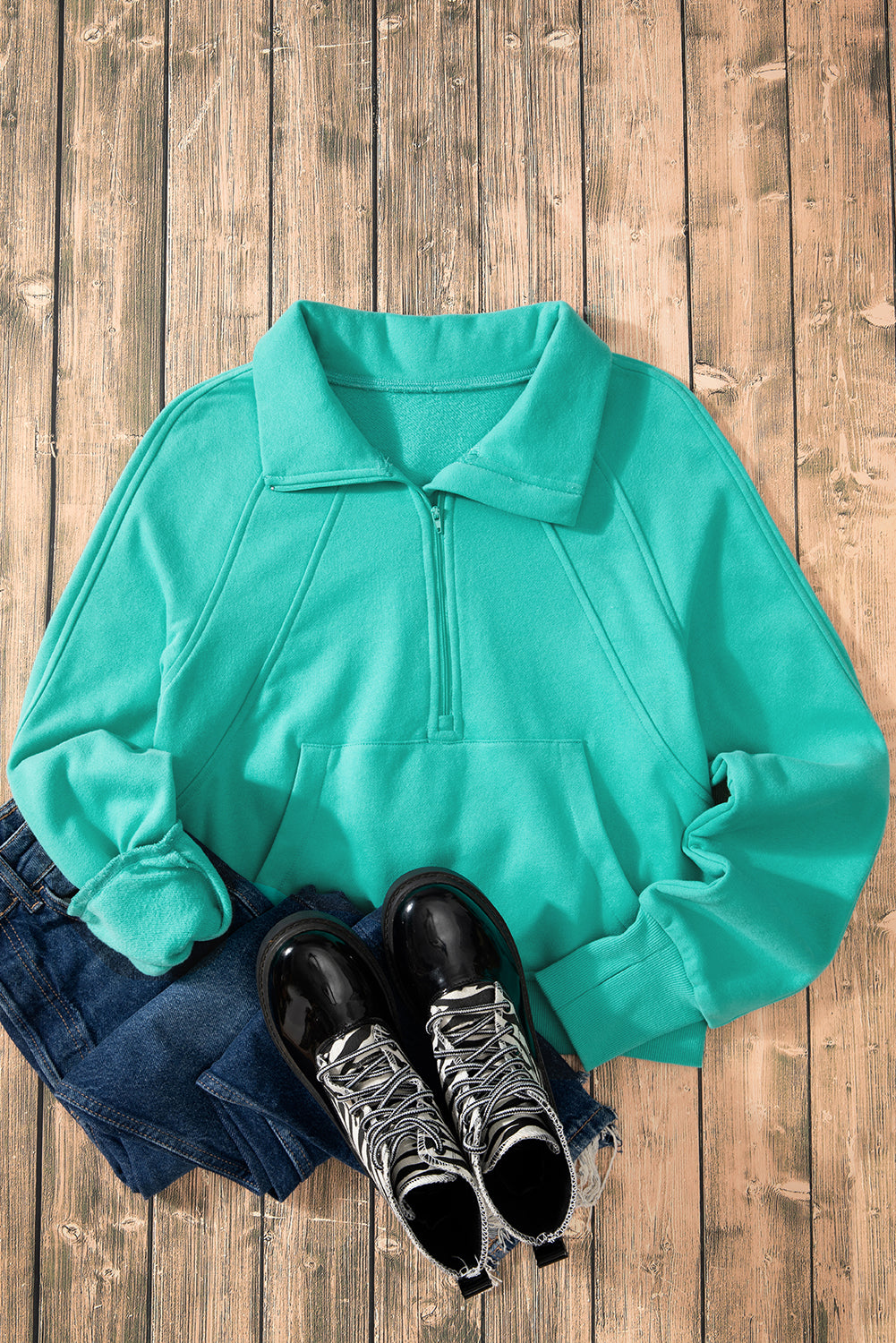 Sea Green Fleece Lined Zip Up Stand Collar Thumbhole Sleeve Sweatshirt