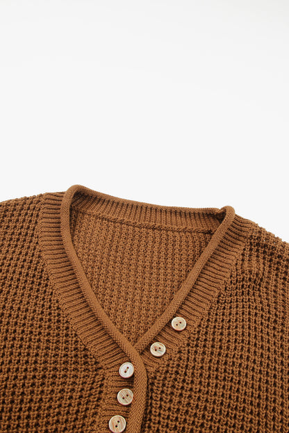 Coffee Pointelle Knit Button V Neck Drop Shoulder Sweater