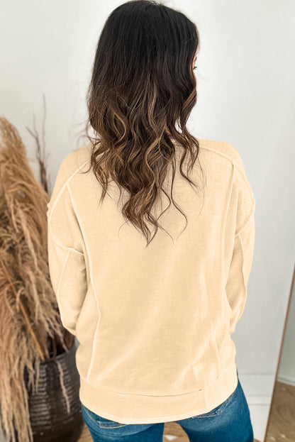 Beige Splicing Round Neck Pullover Sweatshirt