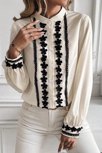 Beige Floral Embroidered Stand Neck Buttoned Shirt