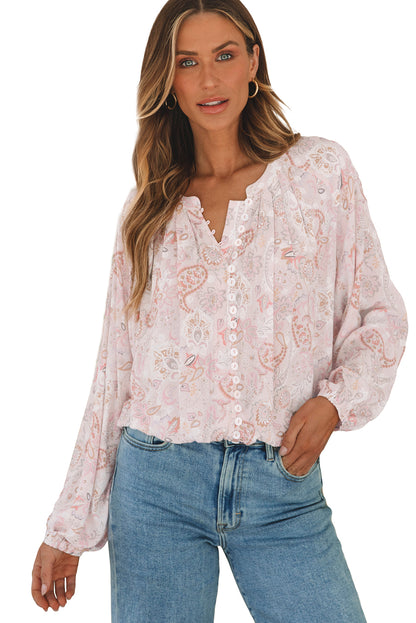 Pink Paisley Print Buttons Bubble Sleeve Blouse