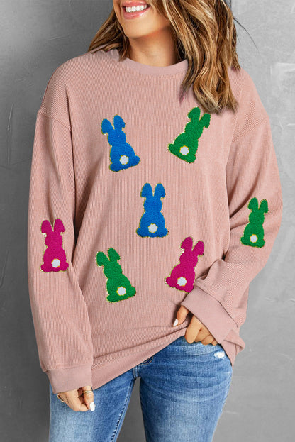 Pink Easter Rabbit Patched Pattern Corded Crewneck Sweatshirt