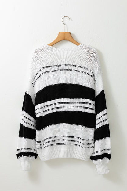 Black Stripe Striped Knit Puff Sleeve Casual Sweater