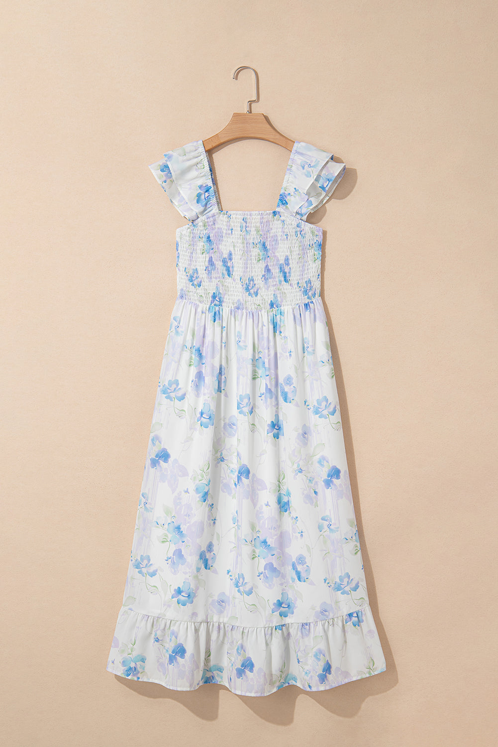 Sky Blue Floral Smocked High Waist Double Ruffle Sleeveless Maxi Dress
