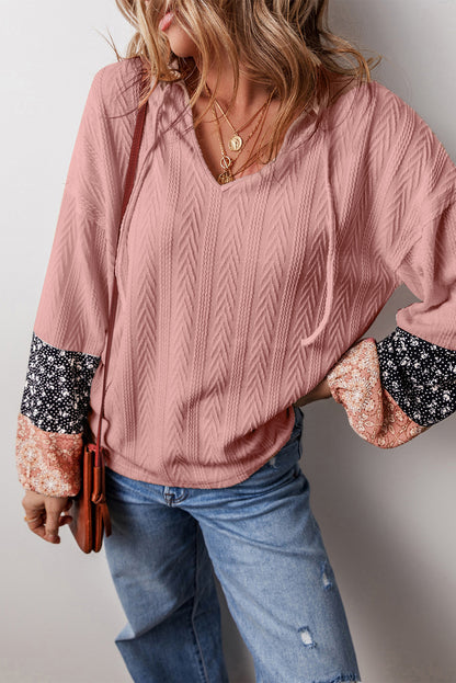 Dusty Pink Floral Patchwork Textured Knit Drawstring V Neck Blouse