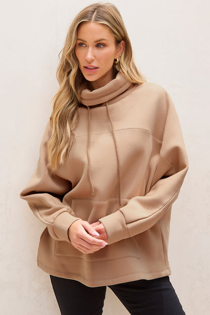 Light French Beige Drawstring Turtleneck Dolman Sleeve Sweatshirt