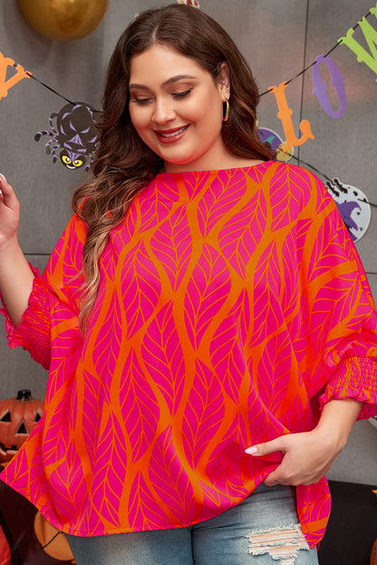 Rose Leafy Printed Smocked Lantern Sleeve Plus Size Blouse