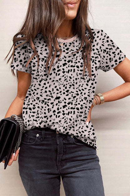 Apricot Cheetah Print O-neck Short Sleeve T Shirt