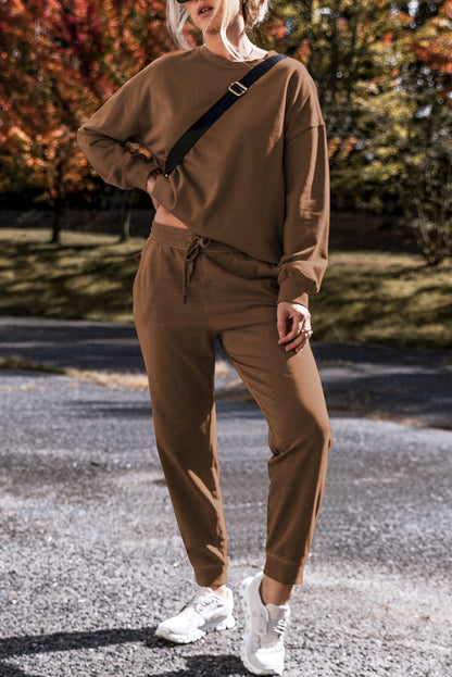 Coffee Solid Color High Low Pullover and Skinny Pants Set