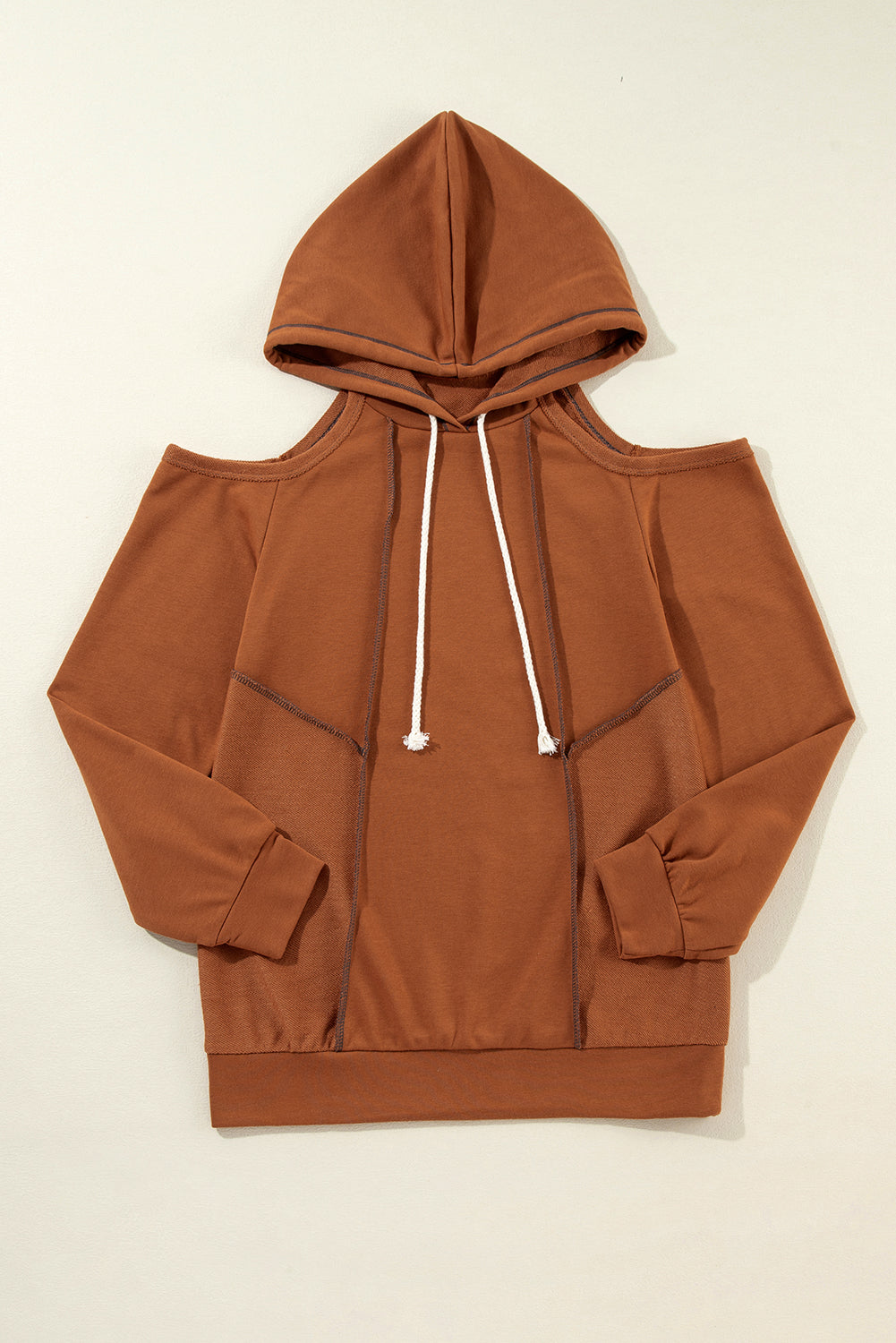 Cinnamon Exposed Seam Cold Shoulder Drawstring Hoodie