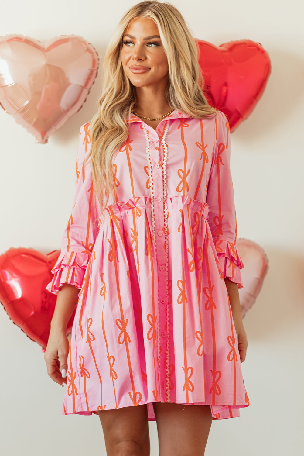 Pink Bowknot Striped Printed Tiered Ruffled Mini Shirt Dress