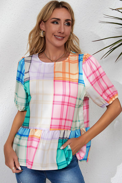 Multicolor Bold Plaid Color Block Puff Sleeve Peplum Top