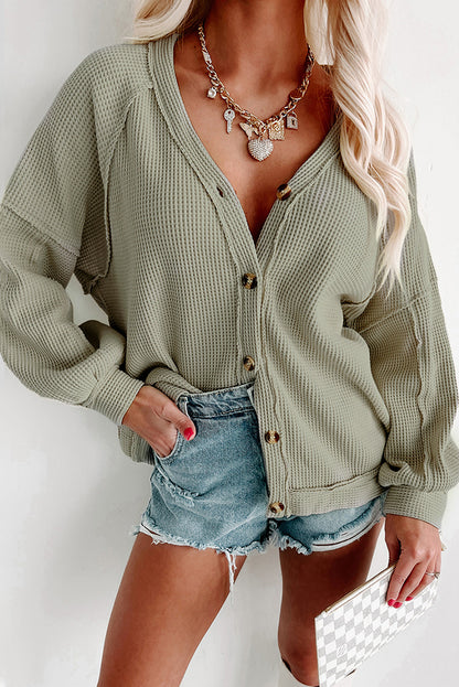 Green Exposed Seam Buttons Front Waffle Knit Cardigan