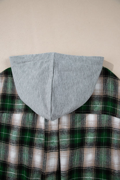 Green Plaid Print Chest Pocket Buttoned Hooded Shacket