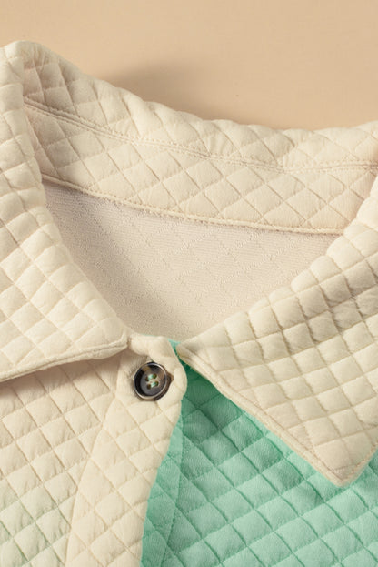 Green Color Block Patchwork Flap Pocket Quilted Shacket