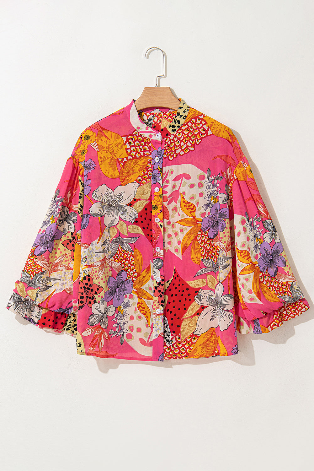 Red Abstract Floral Print Buttoned Ruffled Bubble Sleeve Shirt