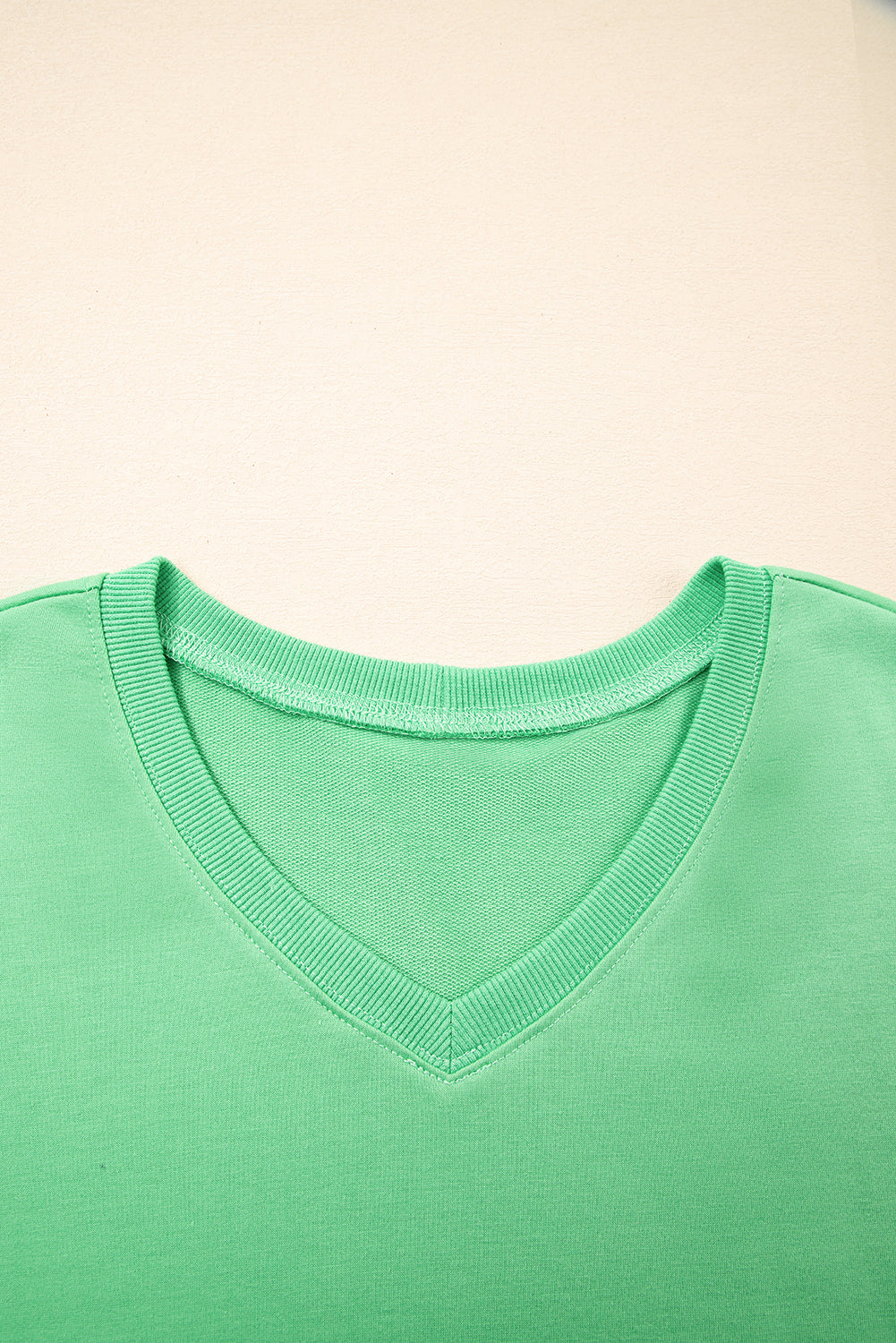 Mint Green V Neck Drop Shoulder Tee and Patchwork Drawstring Shorts Set