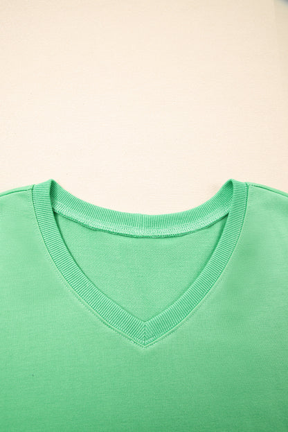 Mint Green V Neck Drop Shoulder Tee and Patchwork Drawstring Shorts Set