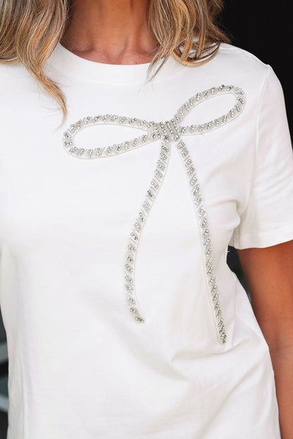 White Rhinestone Bow Embellished Round Neck Tee