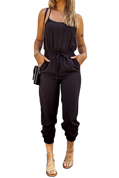 Black Drawstring Waist Spaghetti Straps Jumpsuit