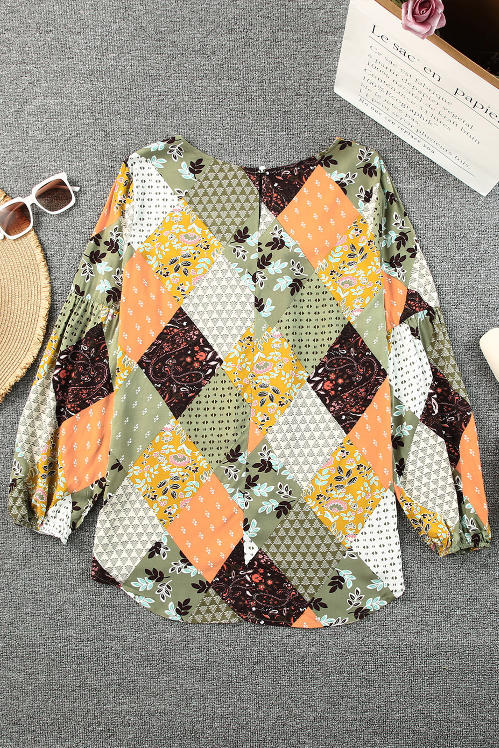 Green Square Neck Mixed Print Blouse