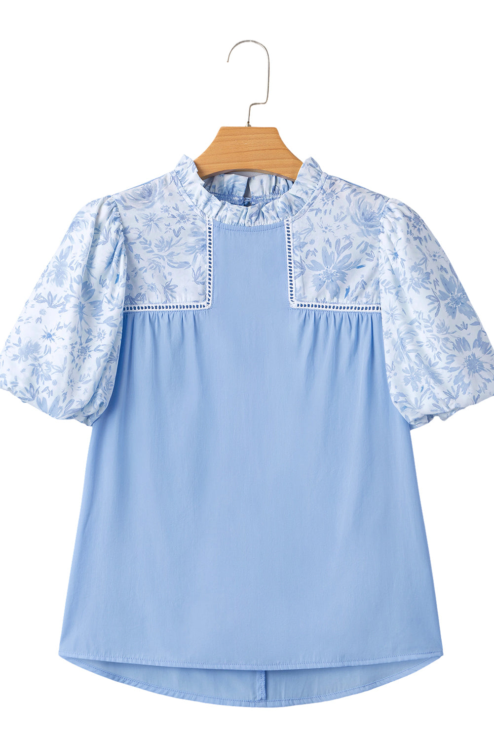 Beau Blue Lace Insert Floral Puff Sleeve Patchwork Loose Blouse