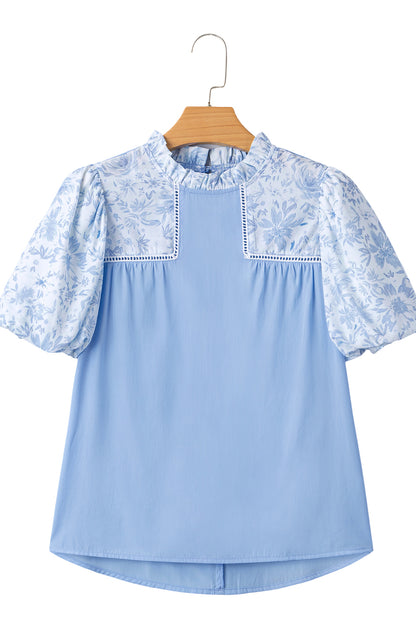 Beau Blue Lace Insert Floral Puff Sleeve Patchwork Loose Blouse