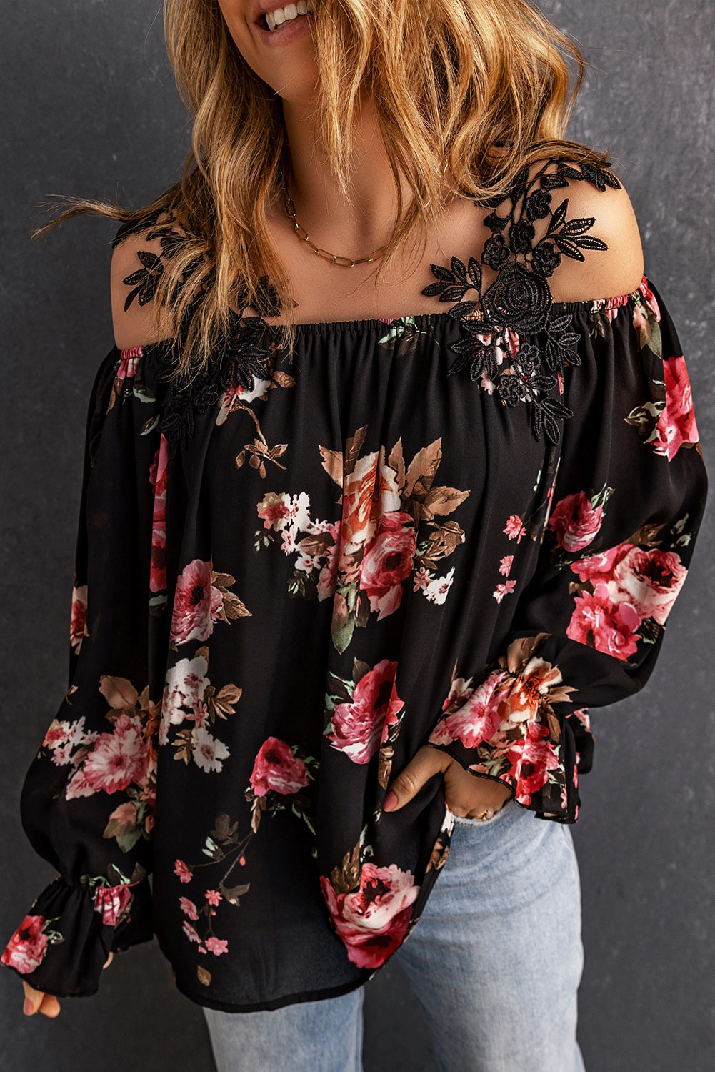 Black Floral Print Lace Patchwork Loose Cold Shoulder Blouse