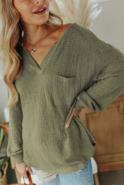 Green Waffle Knit Split Neck Pocketed Loose Top