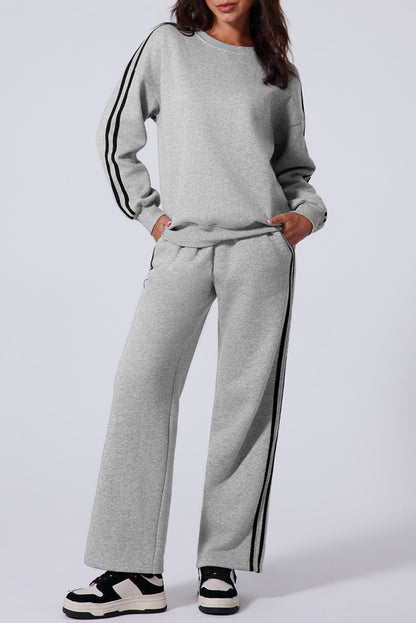 Light Grey Solid Color Side Striped Sweatshirt Active Set