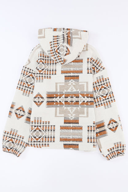 Beige Aztec Print Kangaroo Pocket Half-Zip Hoodie