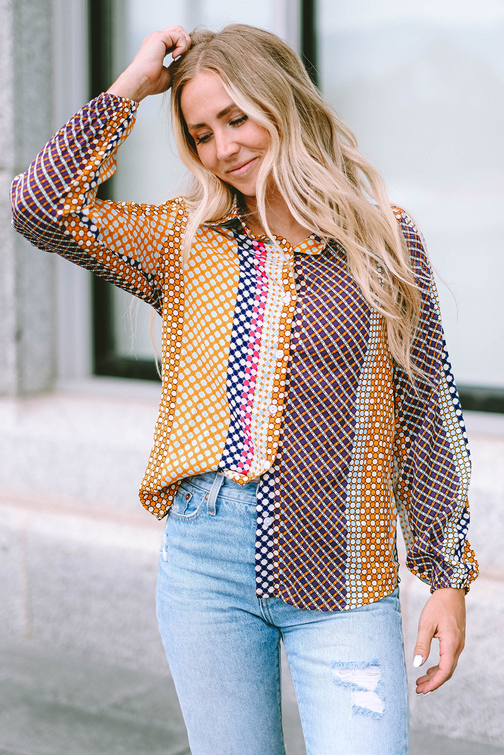 Brown Dot Print Long Sleeve Button Down Shift Shirt