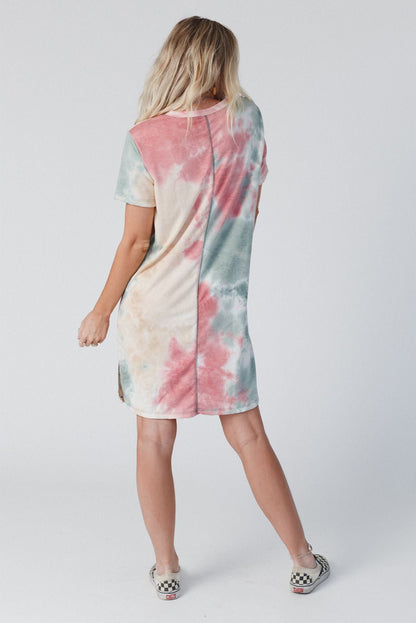 Multicolor Tie Dye Oversized Slit Tee Dress