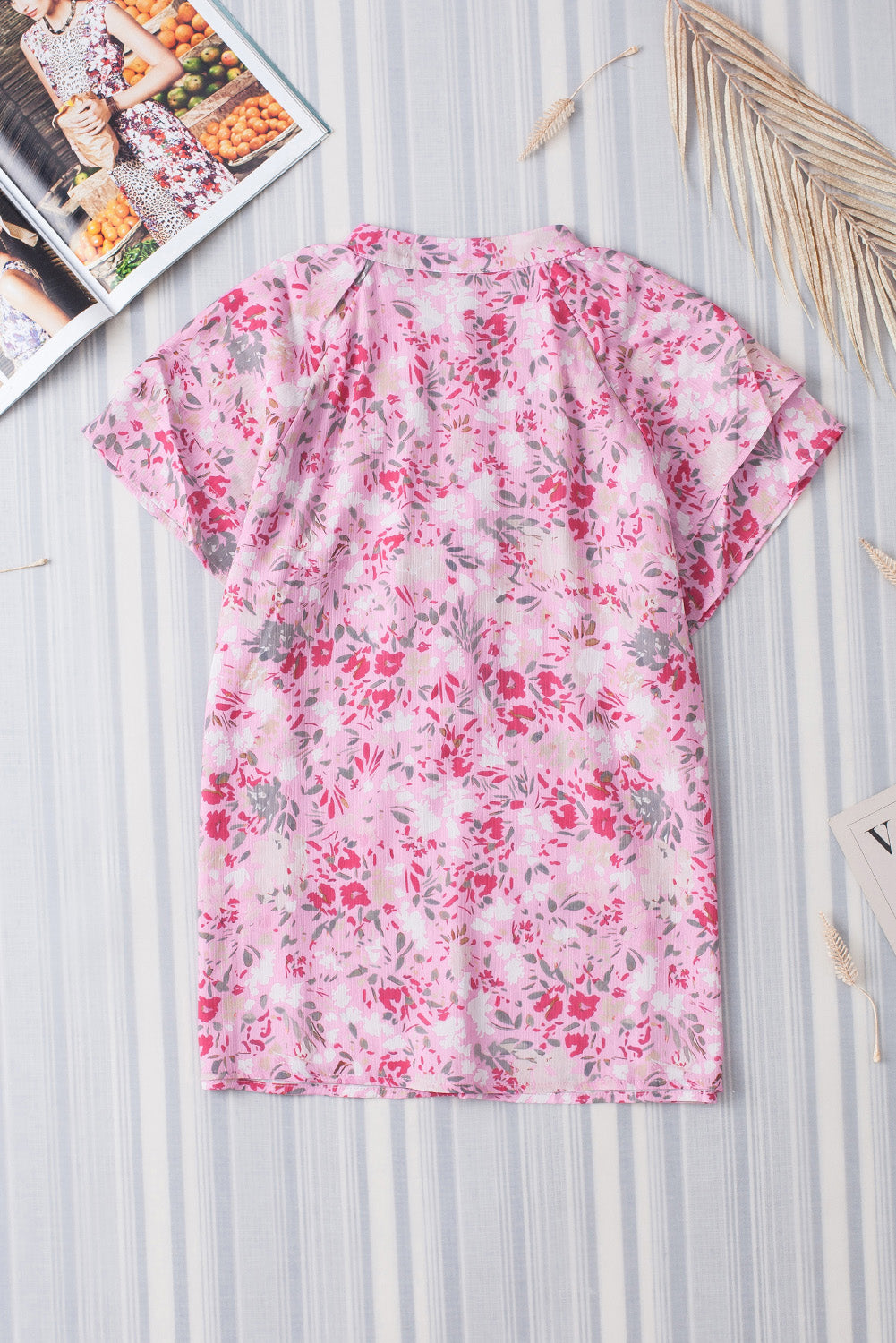 Pink Floral Mandarin Collar Top