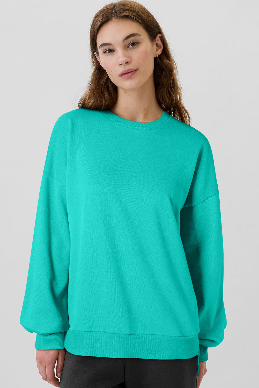 Sea Green Solid Fleece Lined Drop Shoulder High Low Sweatshirt