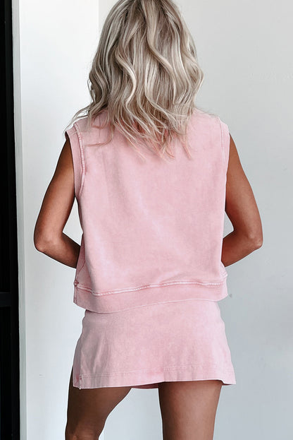 Light Pink 2 Pieces Mineral Wash Cotton Tank Top Lined Split Skirt Set