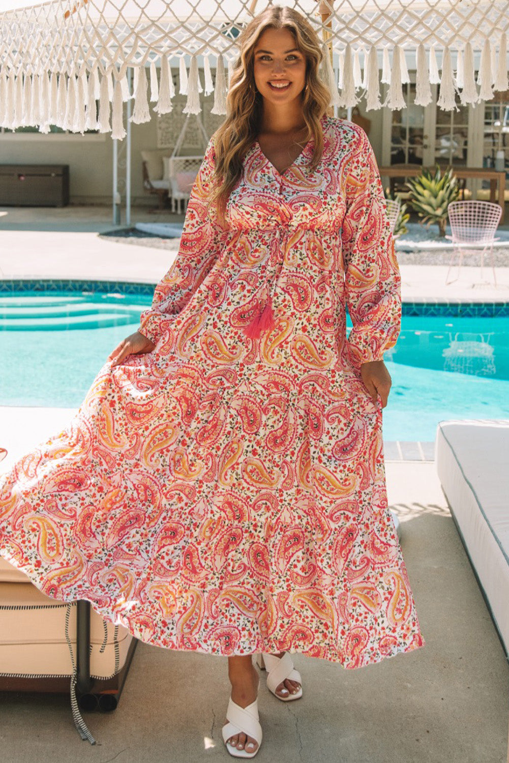 Orange Boho Holiday Paisley Print Tiered Long Sleeve Maxi Dress