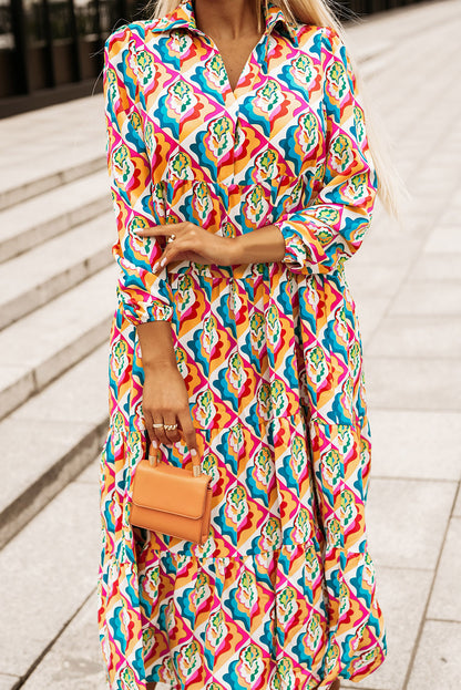 Multicolor Abstract Geometric Print Long Sleeve High Waist Dress