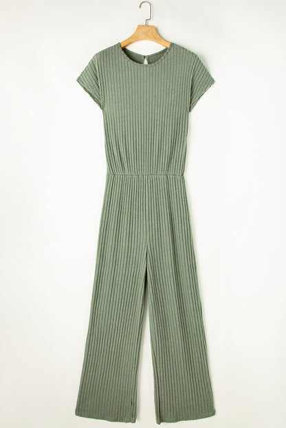 Grass Green Solid Color Ribbed Short Sleeve Wide Leg Jumpsuit