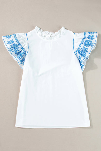 White Embroidered Ruffled Sleeve Frilled Collar Blouse