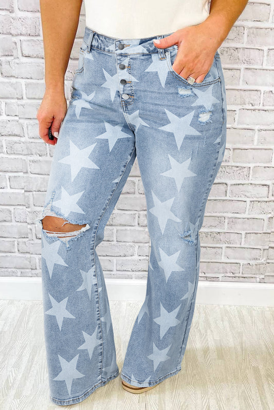 Sky Blue Star Printed Multi Buttons Slit Knee Destroyed Plus Size Jeans