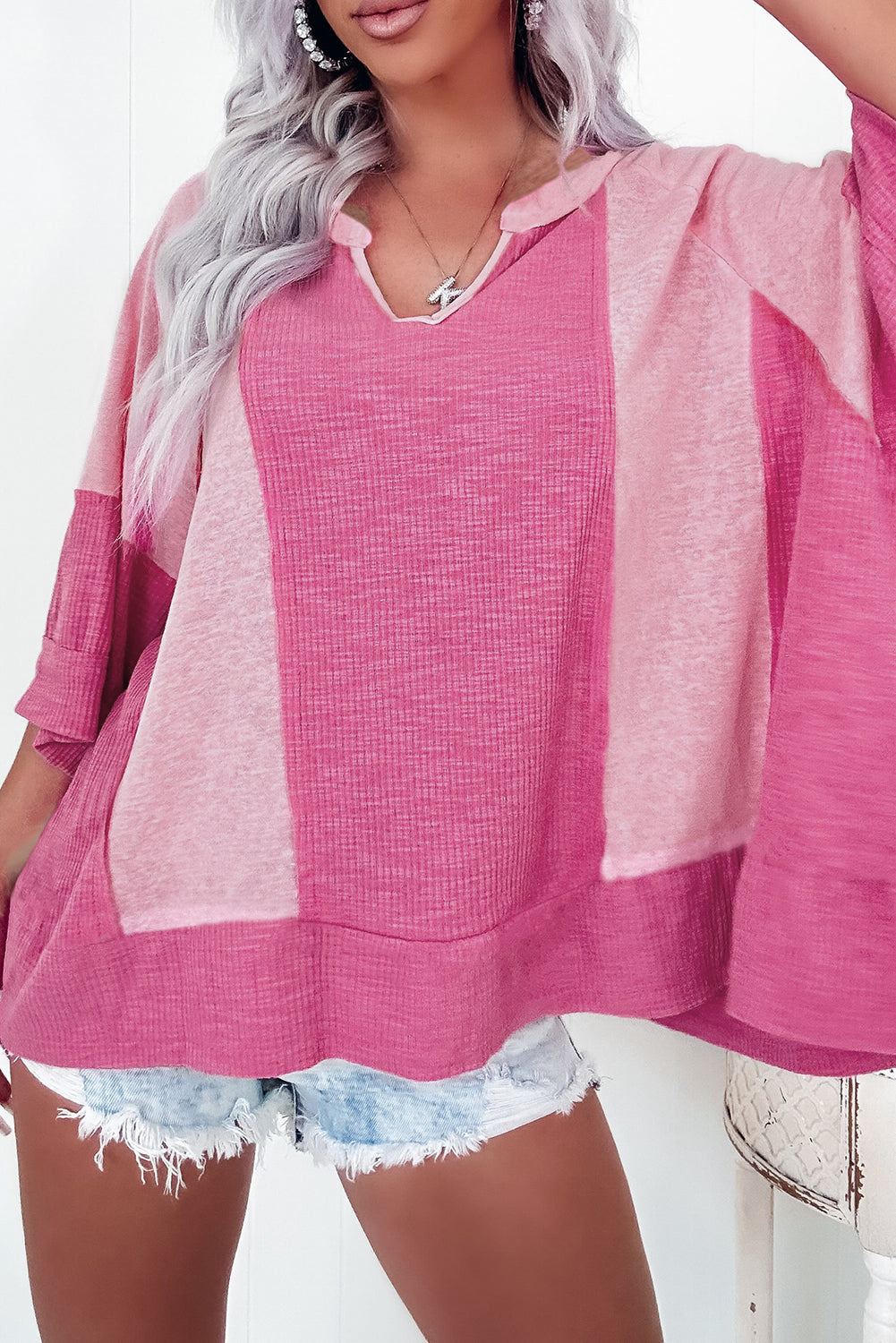 Bright Pink Textured Colorblock 3/4 Sleeve Oversize Top