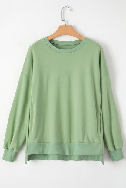 Grass Green Solid Fleece Lined Drop Shoulder High Low Sweatshirt