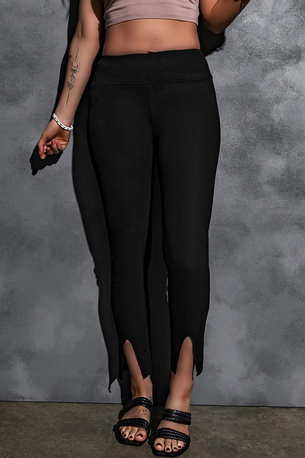 Black Rib Knit High Waist Slit Leggings