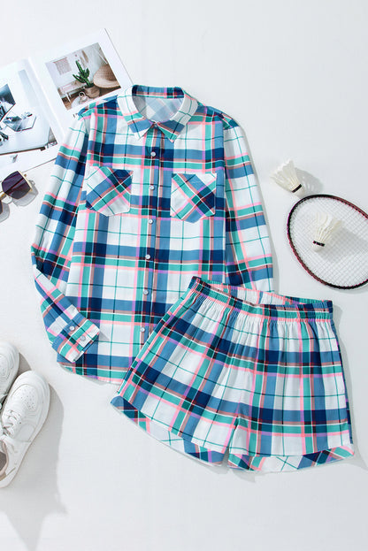 Blue Plaid Print Shirt and Shorts 2Pcs Lounge Set