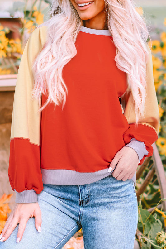 Orange Color Block Side Slits Raglan Sleeve Loose Fit Top