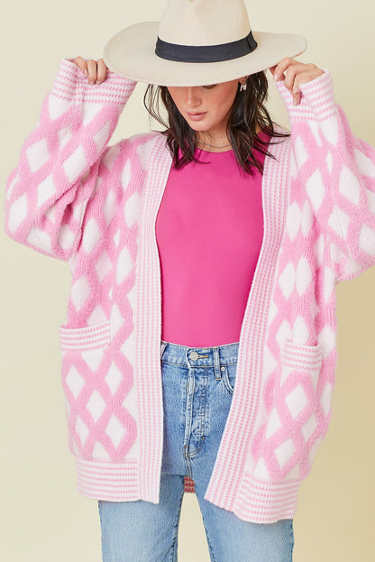 Pink Rhombus Pattern Knit Open Front Pocketed Cardigans