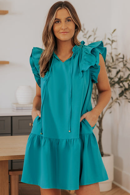 Green Tiered Ruffled Sleeves Mini Dress with Pockets