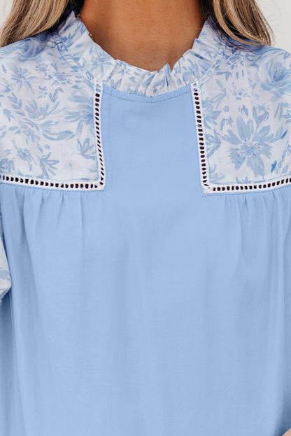 Beau Blue Lace Insert Floral Puff Sleeve Patchwork Loose Blouse